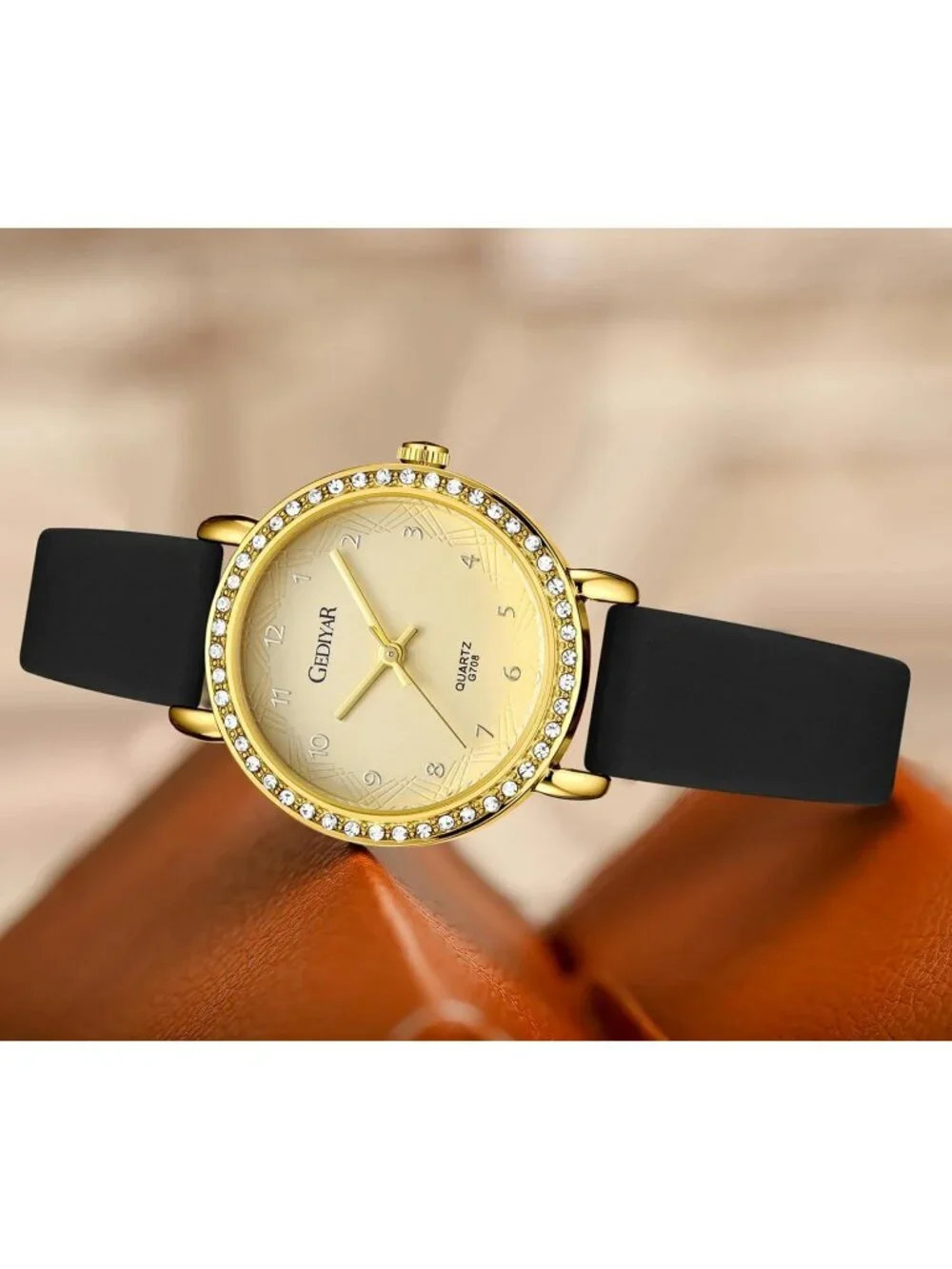 Women's Black Gold Analog Quartz Crystal Rhinestone Bezel Waterproof Wrist Watch